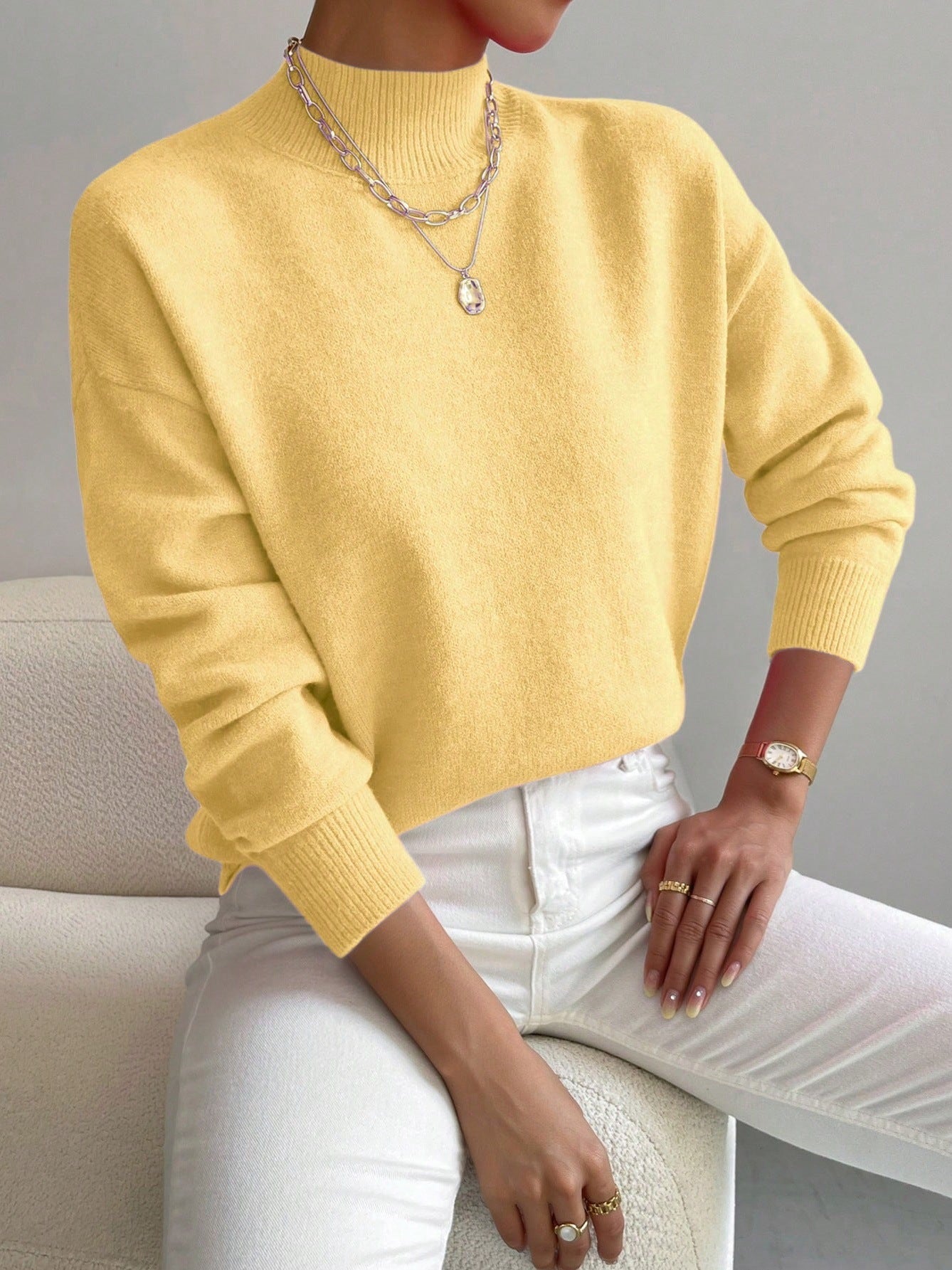 Women’s Mock Neck Long Sleeve Solid Knit Sweater Pullover with Ribbed Trim