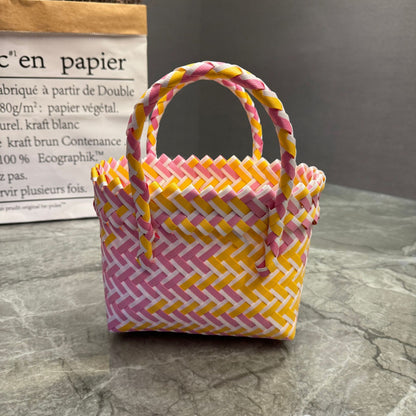 Bohemian Handwoven Upcycled Plastic Tote Bag - Retro Vibrant Striped Beach Basket & Gift Hamper Purse