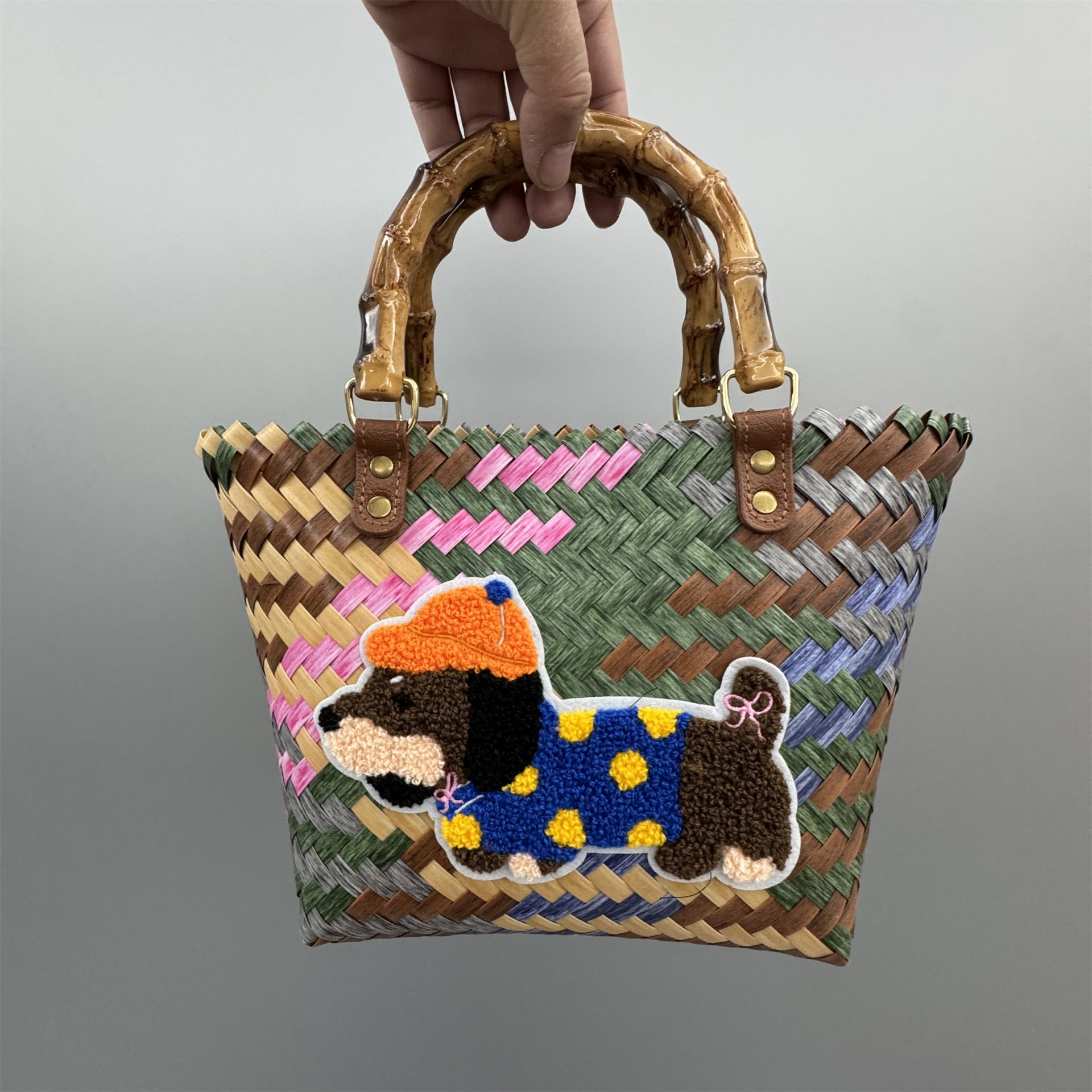 Luxury Bamboo Handle Dachshund Woven Tote Bag - Colorful Striped Polyester Straw Beach Travel Handbag