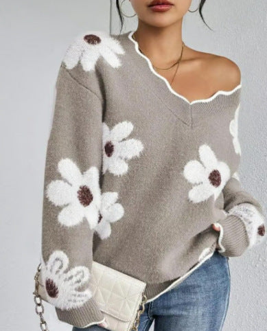 Women's Floral Eyelash Knit Sweater | Casual V-Neck Long Sleeve Fuzzy Pullover Jumper