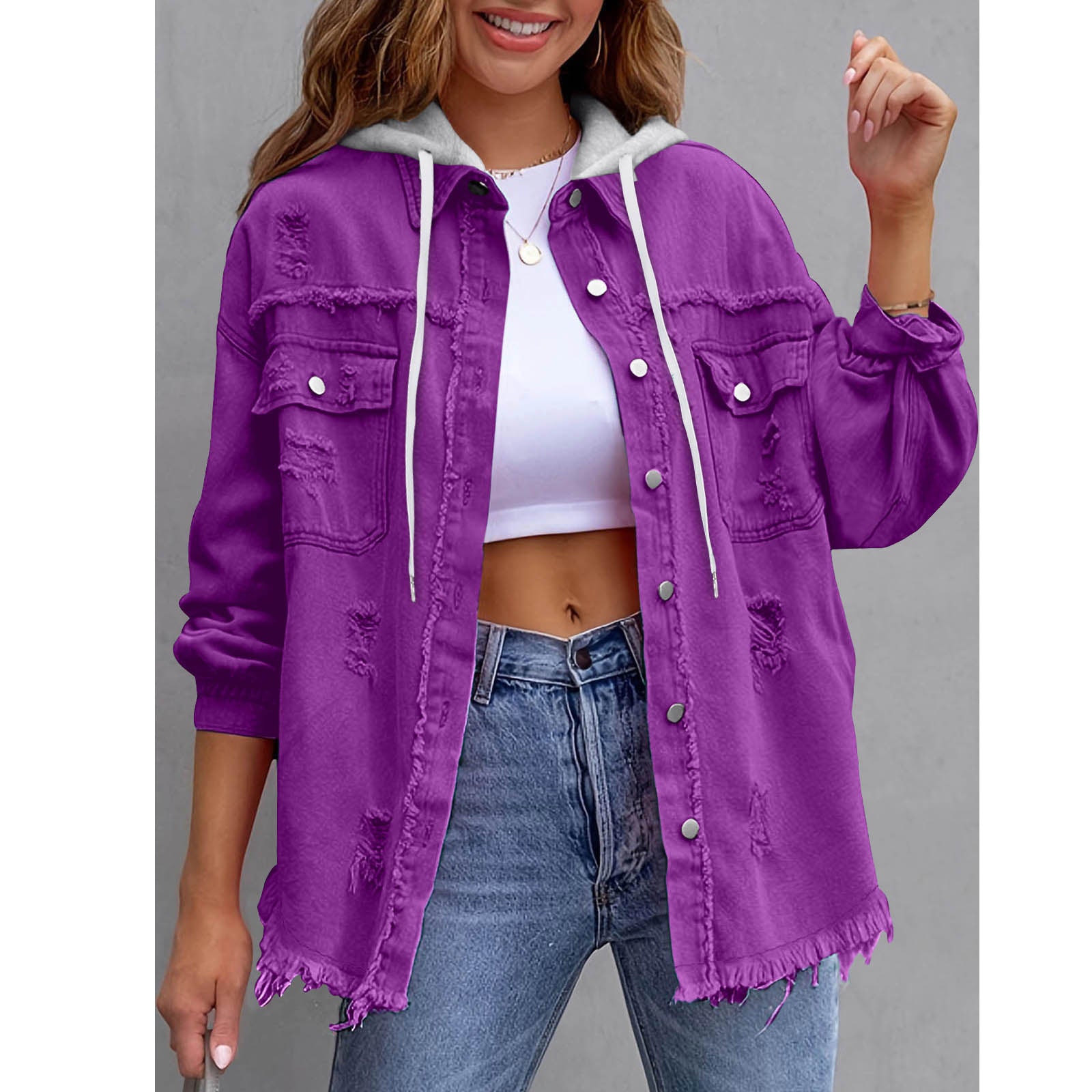 Women's Hooded Distressed Denim Jacket | Casual Long Sleeve Washed Jean Shacket Top
