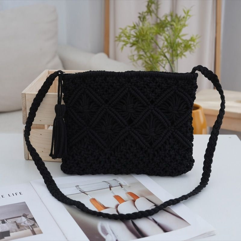 Bohemian Macrame Woven Crossbody Bag - Handmade Cotton Rope Envelope Clutch & Beach Purse with Tassel