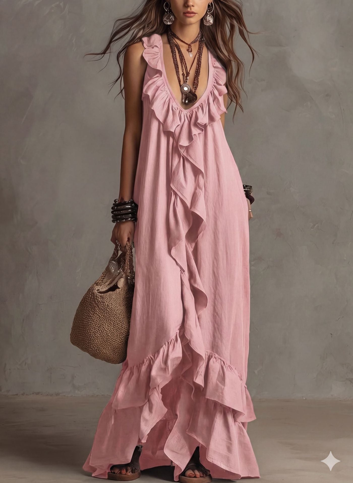 Sleeveless Deep V-Neck Summer Dress | Breathable Linen-Blend Textured Tiered Maxi