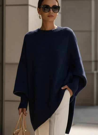 Premium Faux Cashmere Poncho Sweater - Slouchy Batwing Sleeve Crewneck Loose Pullover Plus Size