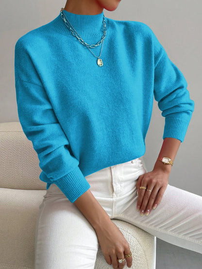 Women’s Mock Neck Long Sleeve Solid Knit Sweater Pullover with Ribbed Trim