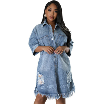 Women's Ripped Denim Shirt Dress | Loose Fit Short Sleeve Washed Jean Jacket Outwear with Fringed Hem