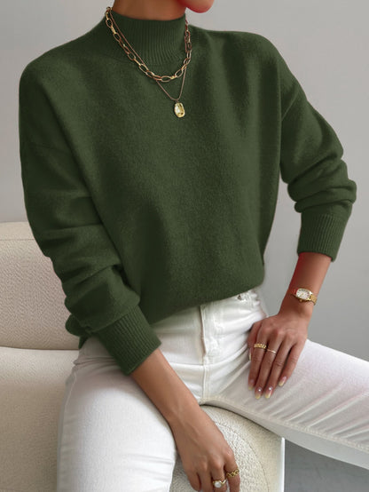 Women’s Mock Neck Long Sleeve Solid Knit Sweater Pullover with Ribbed Trim