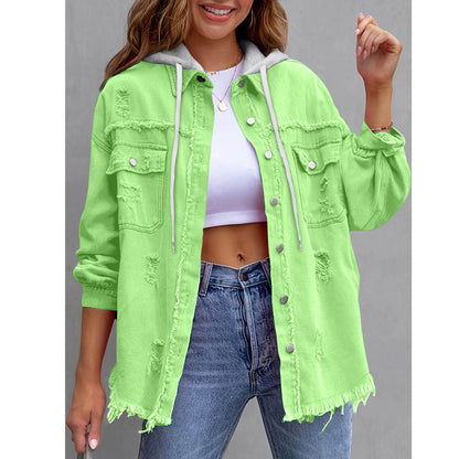 Women's Hooded Distressed Denim Jacket | Casual Long Sleeve Washed Jean Shacket Top