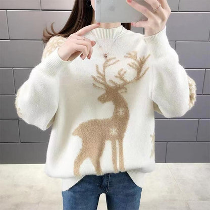 Festive Deers Jacquard Crewneck Sweater - Slouchy Long Sleeve Loose Pullover Knitwear