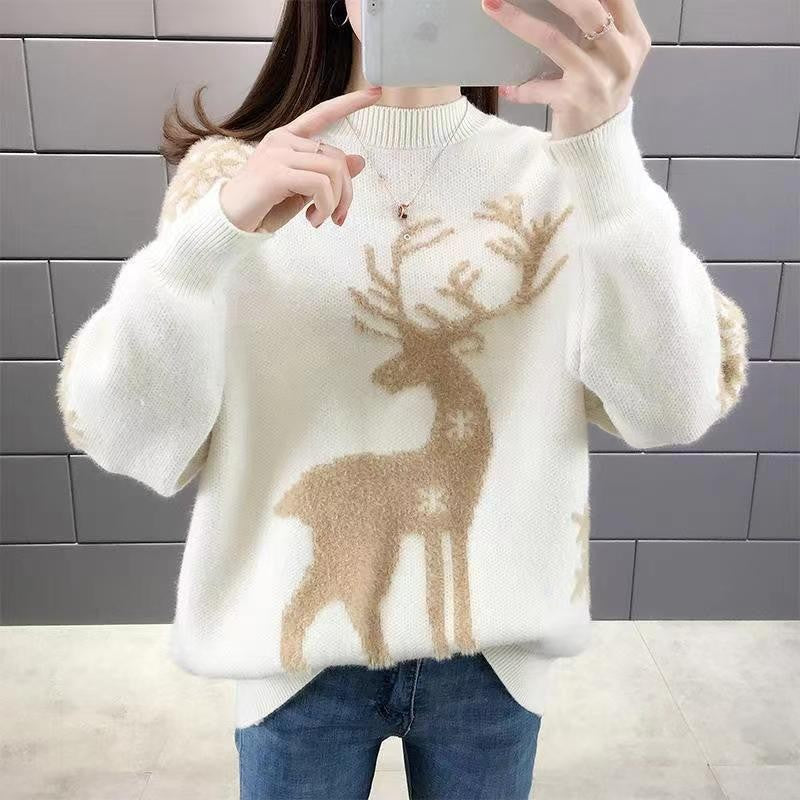 Festive Deers Jacquard Crewneck Sweater - Slouchy Long Sleeve Loose Pullover Knitwear