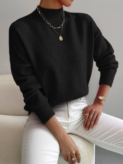 Women’s Mock Neck Long Sleeve Solid Knit Sweater Pullover with Ribbed Trim