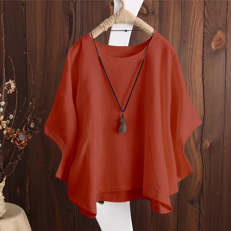 Women's Loose Cotton T-Shirt | Casual Round Neck Short Sleeve Batwing Top