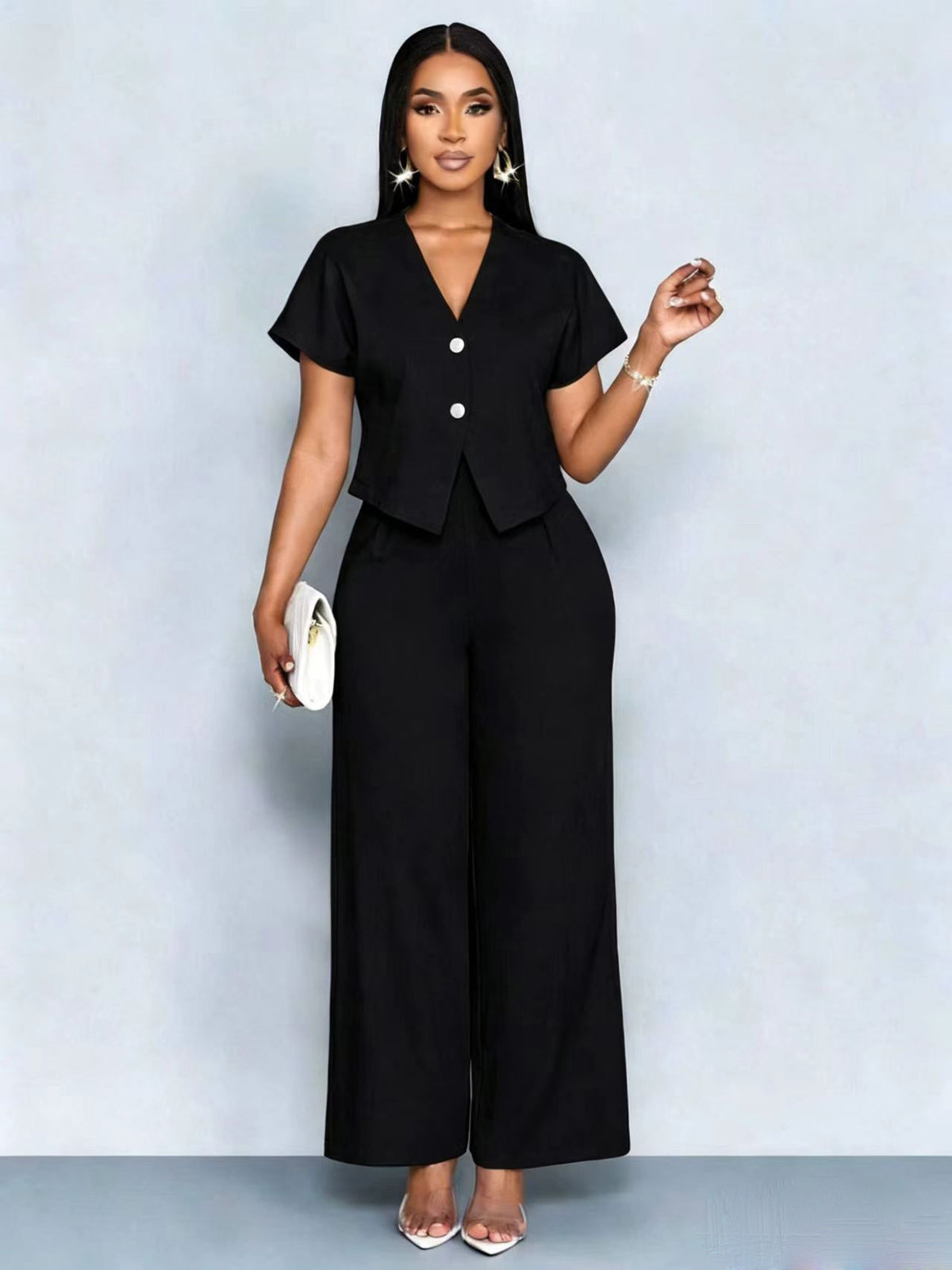 Solid-Color V-Neck Button-Front Asymmetric Short-Sleeve Pocket Top & Pants Set
