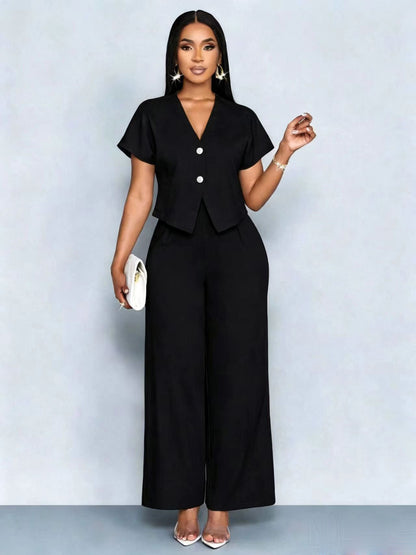 Solid-Color V-Neck Button-Front Asymmetric Short-Sleeve Pocket Top & Pants Set