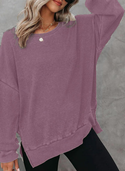 Waffle Knit Oversized Sweatshirt | Loose Fit Round Neck Side Slit Casual Long Sleeve T-Shirt Top