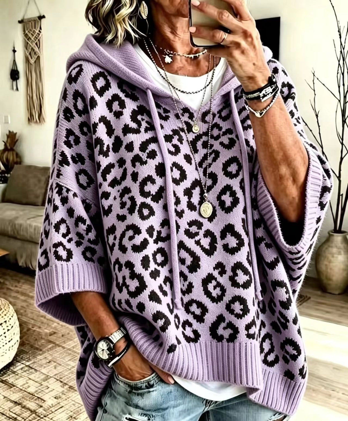 Knit Leopard-Print Hooded Drawstring Pullover Relaxed-Fit Sweater