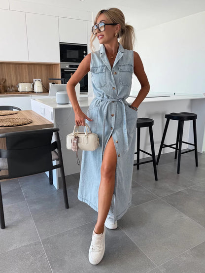 Vintage Solid Pink Denim Shirt Dress for Women - Elegant Turn-Down Collar Vest Dress