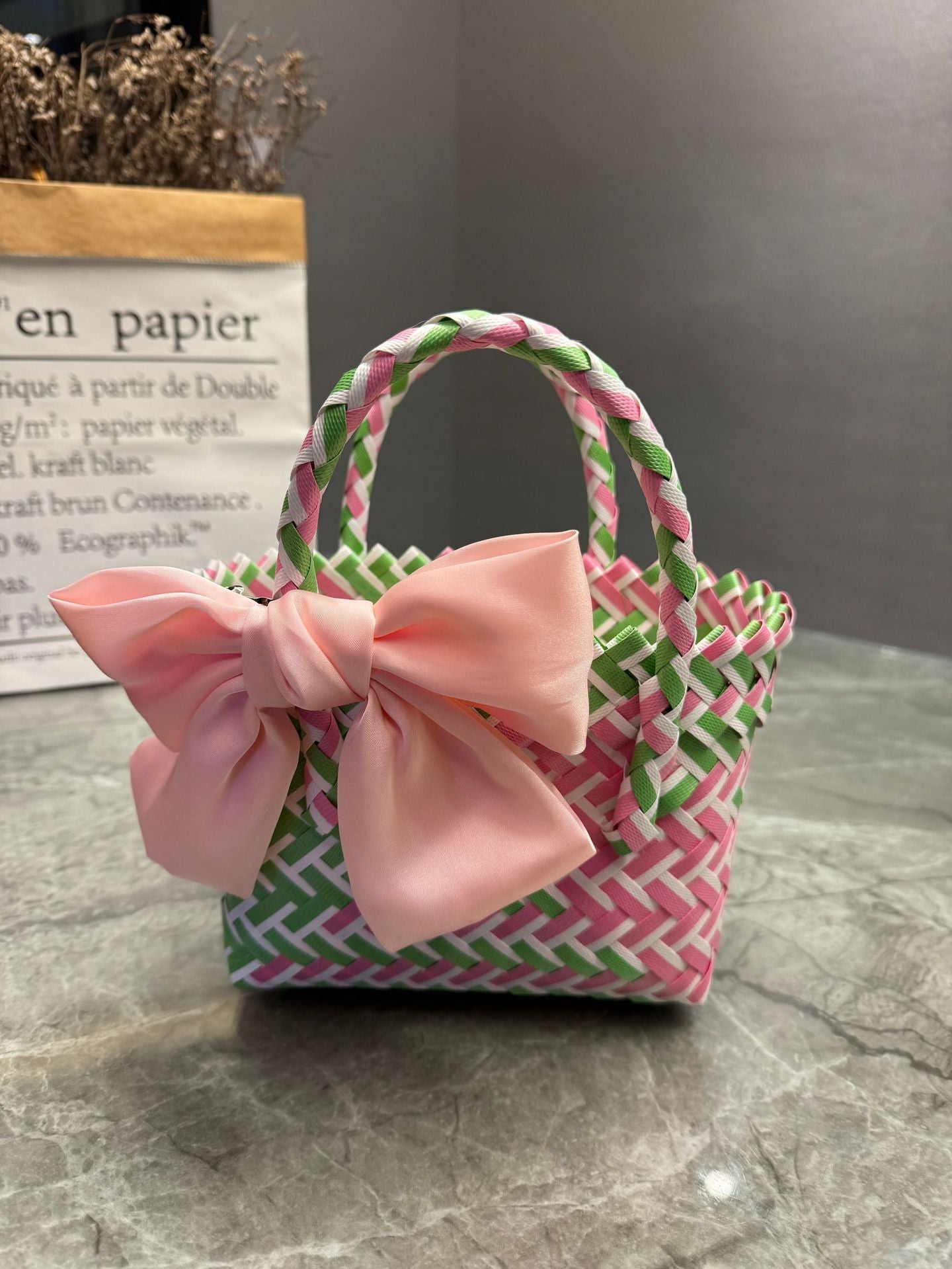 Bohemian Handwoven Upcycled Plastic Tote Bag - Retro Purple Checked Beach Basket with Large Pink Bow