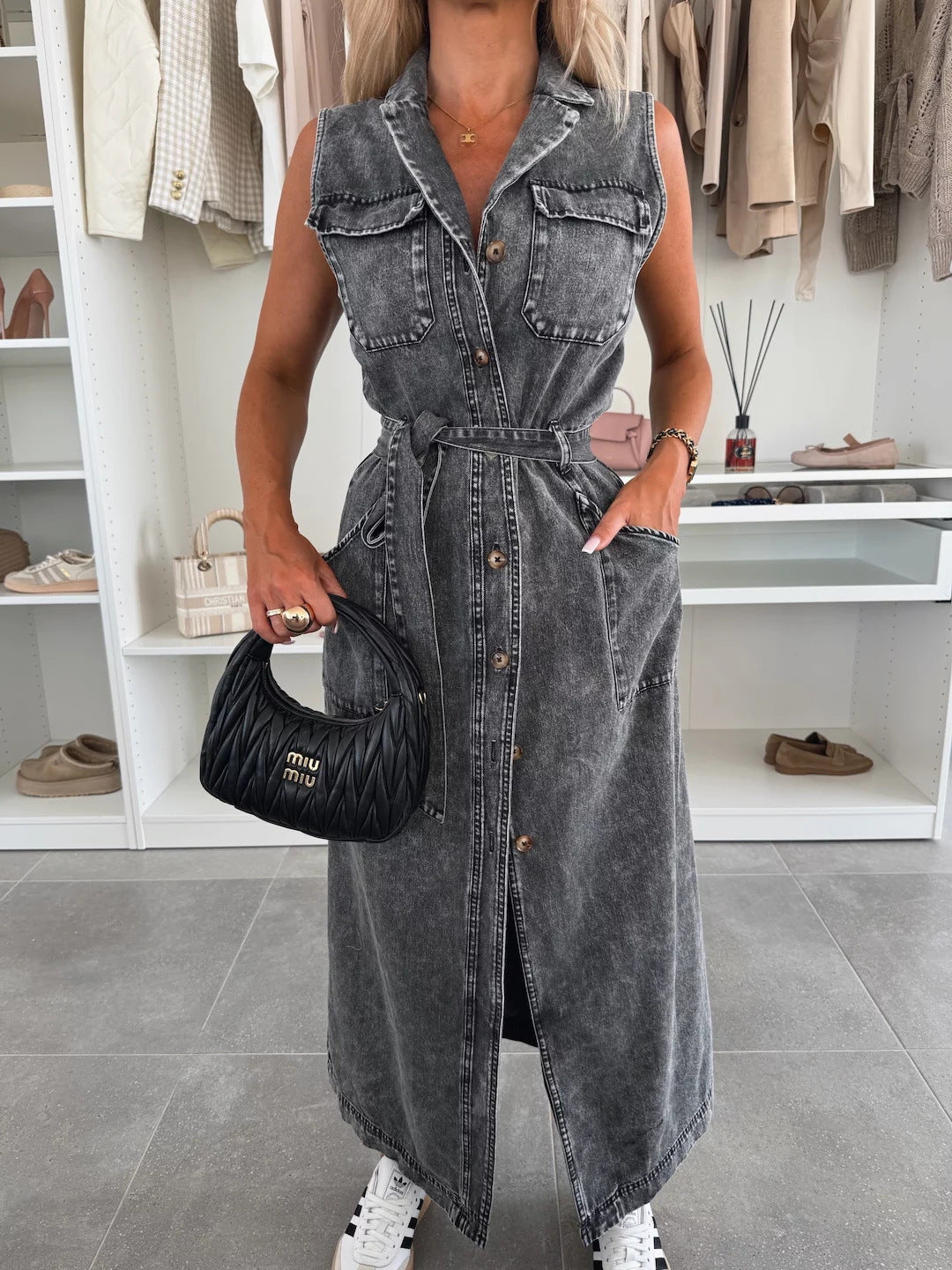 Vintage Solid Pink Denim Shirt Dress for Women - Elegant Turn-Down Collar Vest Dress