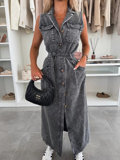 Vintage Solid Pink Denim Shirt Dress for Women - Elegant Turn-Down Collar Vest Dress