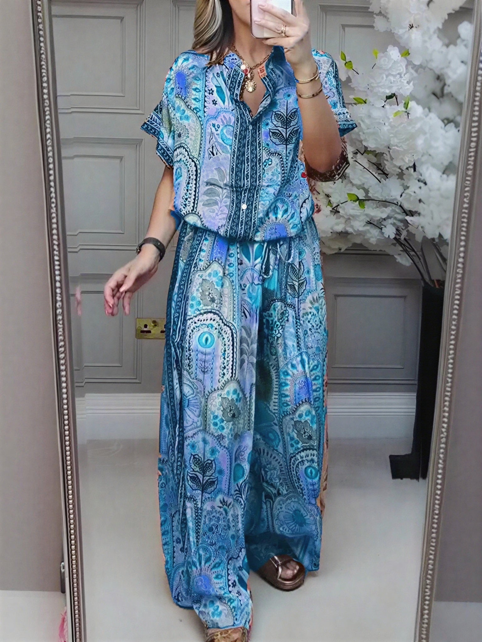 Ensemble deux pièces bohème à imprimé cachemire pour femme – Chemise décontractée à manches courtes boutonnée et pantalon large, Tenues d'été ethniques assorties