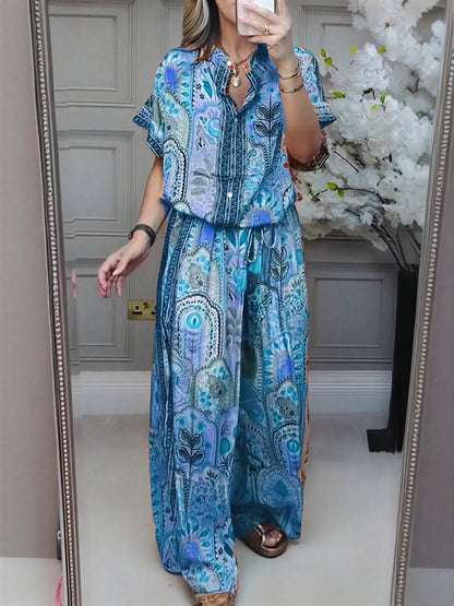 Ensemble deux pièces bohème à imprimé cachemire pour femme – Chemise décontractée à manches courtes boutonnée et pantalon large, Tenues d'été ethniques assorties