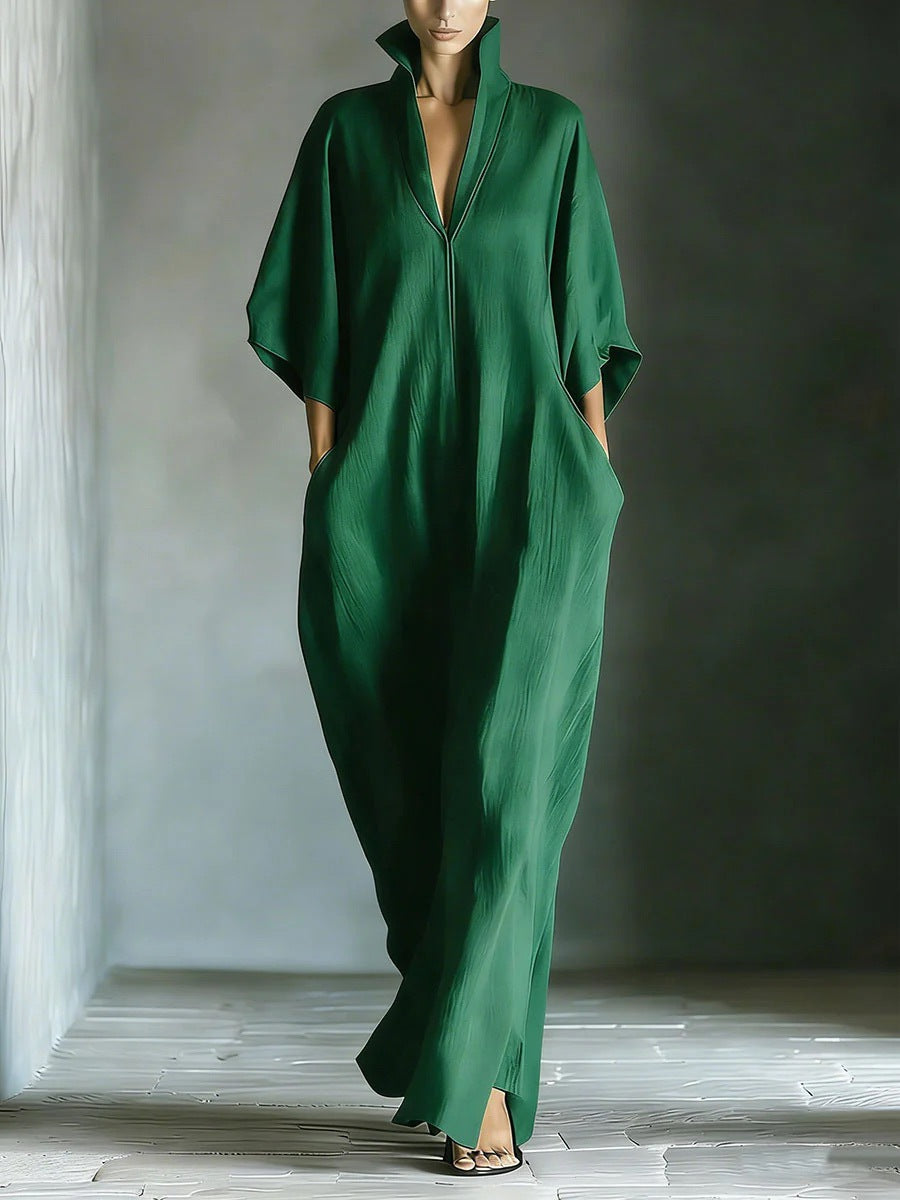 Elegant Stand Collar V-Neck Kaftan Dress - Loose Fit Half Sleeve Maxi Long Dress with Pockets