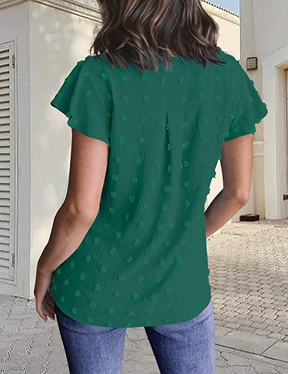 Swiss Dot V-Neck Chiffon Blouse | Ruffle Short Sleeve Casual Elegant Summer Shirt Top