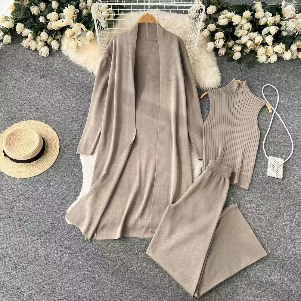 Mercerized Cotton Knit 3-Piece Set | Sleeveless Mock Neck Sweater Open Front Cardigan & Wide Leg Pants Suit