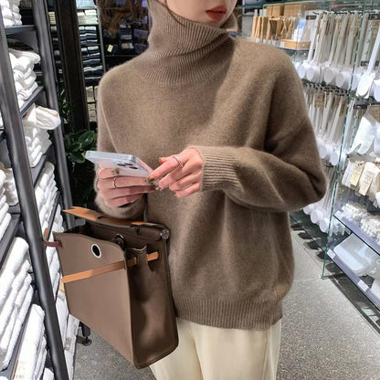Chic Chunky Turtleneck Sweater - Slouchy Solid Knit Pullover Loose Fit Warm Winter Top