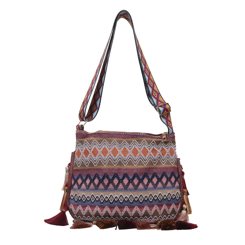 Bohemian Tribal Knit Crossbody Bag - Vintage Geometric Beach Shoulder Purse with Layered Tassels