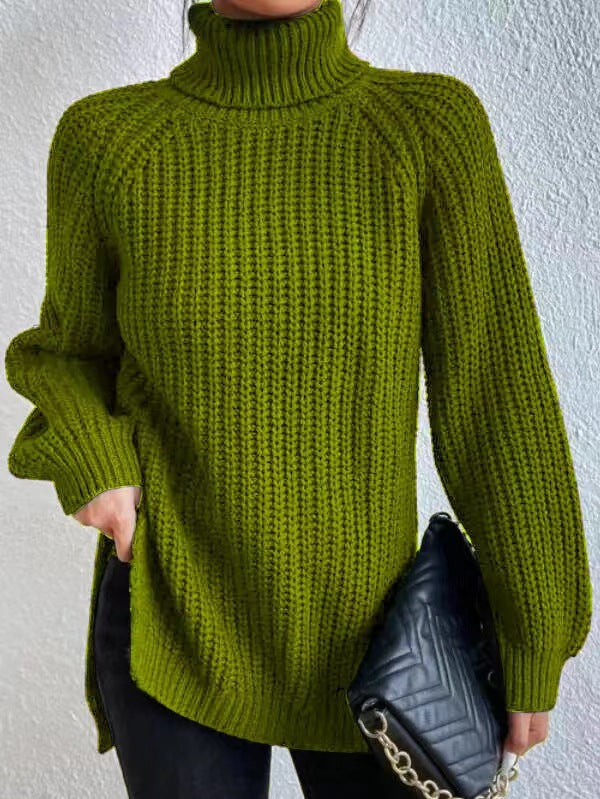 Women's Turtle Neck Ribbed Knit Sweater | Casual Long Sleeve Side Split Tunic Gown