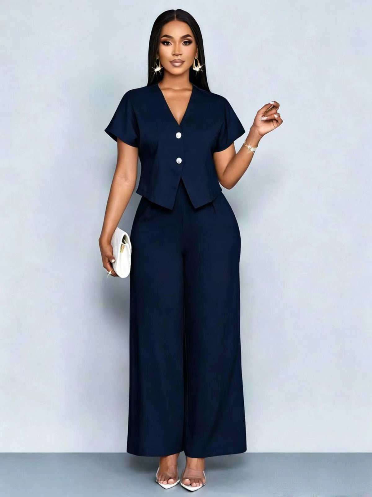 Solid-Color V-Neck Button-Front Asymmetric Short-Sleeve Pocket Top & Pants Set