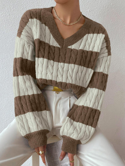 Women's Striped Cable Knit V-Neck Sweater | Casual Loose Fit Color Block Pullover Top