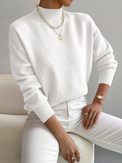 Women’s Mock Neck Long Sleeve Solid Knit Sweater Pullover with Ribbed Trim