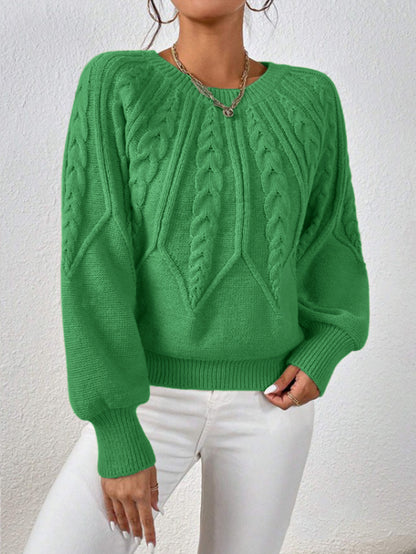 Women's Cable Knit Pullover Sweater | Casual Round Neck Long Sleeve Ribbed Jumper Top