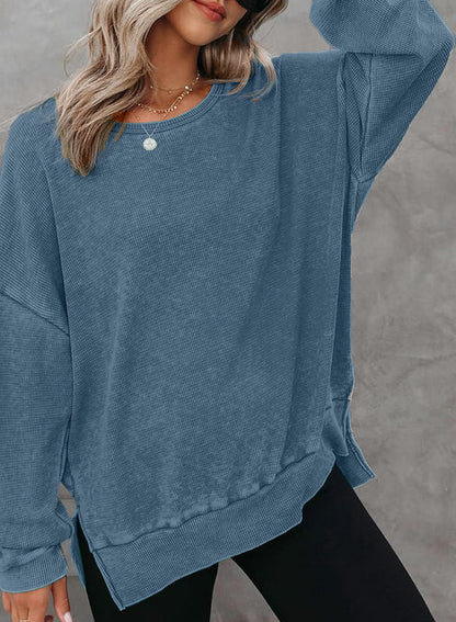 Waffle Knit Oversized Sweatshirt | Loose Fit Round Neck Side Slit Casual Long Sleeve T-Shirt Top