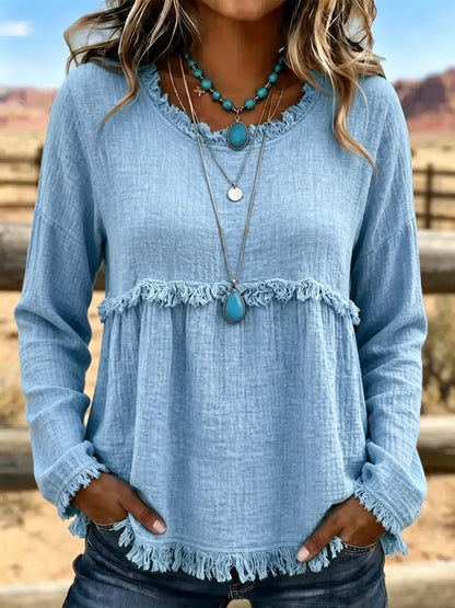 Crew-Neck Long-Sleeve Vintage-Inspired Shirt