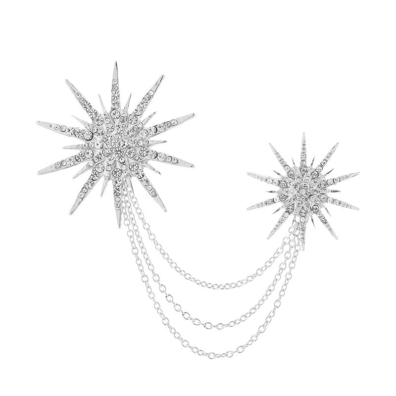 Double sun lapel pins with chains, men's suit brooches