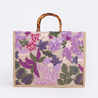 Luxury Bamboo Handle Sequin Floral Tote Bag - Large Capacity Straw & Jute Embroidered Travel Handbag