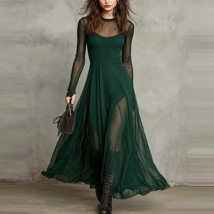 Women's Solid-Color Crew-Neck Patchwork Pullover Slim-Fit Dress