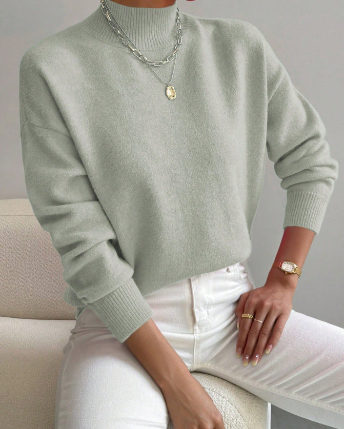 Women’s Mock Neck Long Sleeve Solid Knit Sweater Pullover with Ribbed Trim