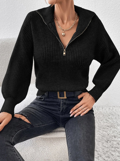 Women's Half Zip Ribbed Knit Sweater | Casual Polo Collar Long Sleeve Pullover Top