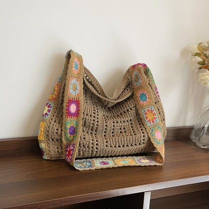 Bohemian Granny Square Crochet Tote Bag - Handmade Floral Knit Beach Shoulder Purse for Women
