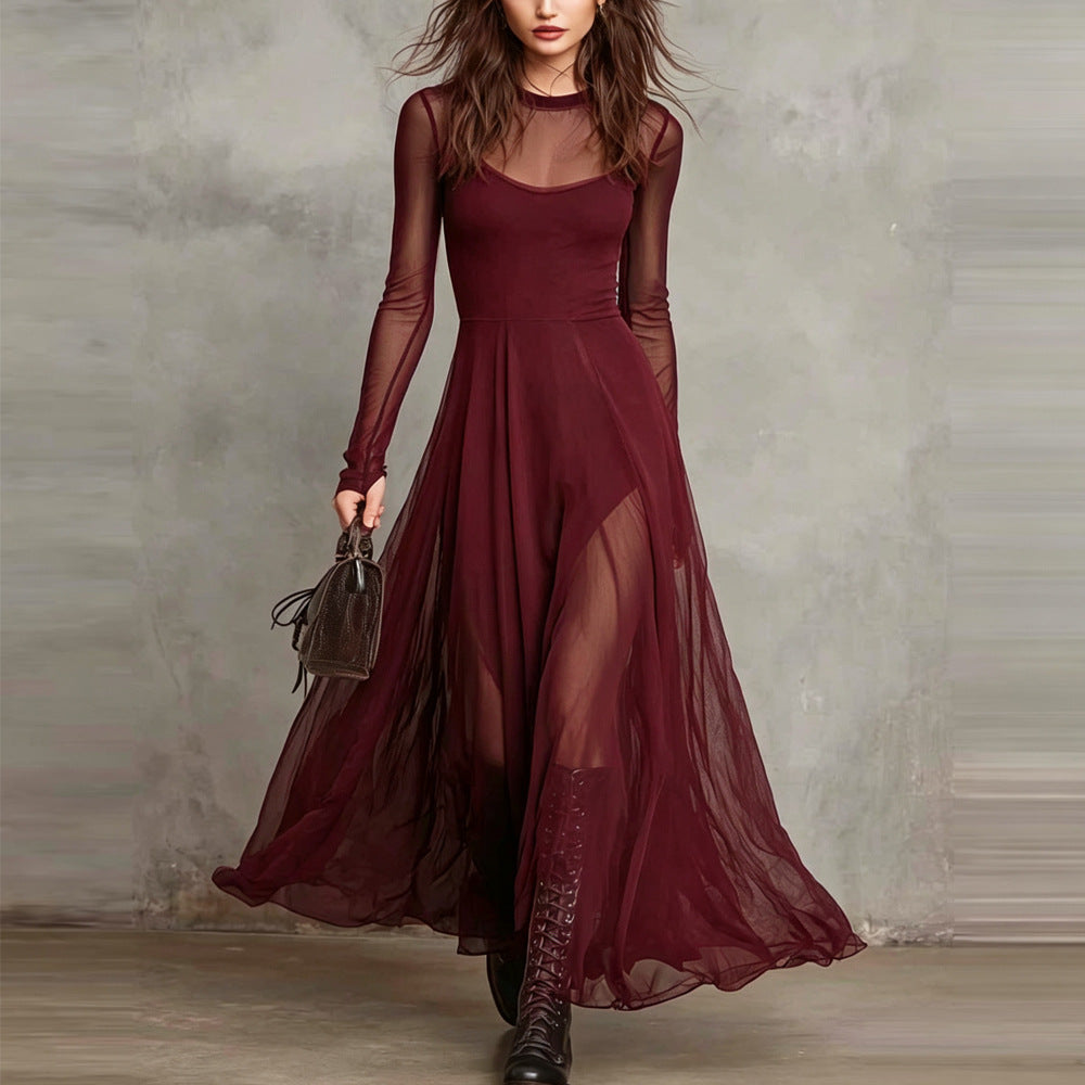 Women's Solid-Color Crew-Neck Patchwork Pullover Slim-Fit Dress