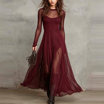 Women's Solid-Color Crew-Neck Patchwork Pullover Slim-Fit Dress