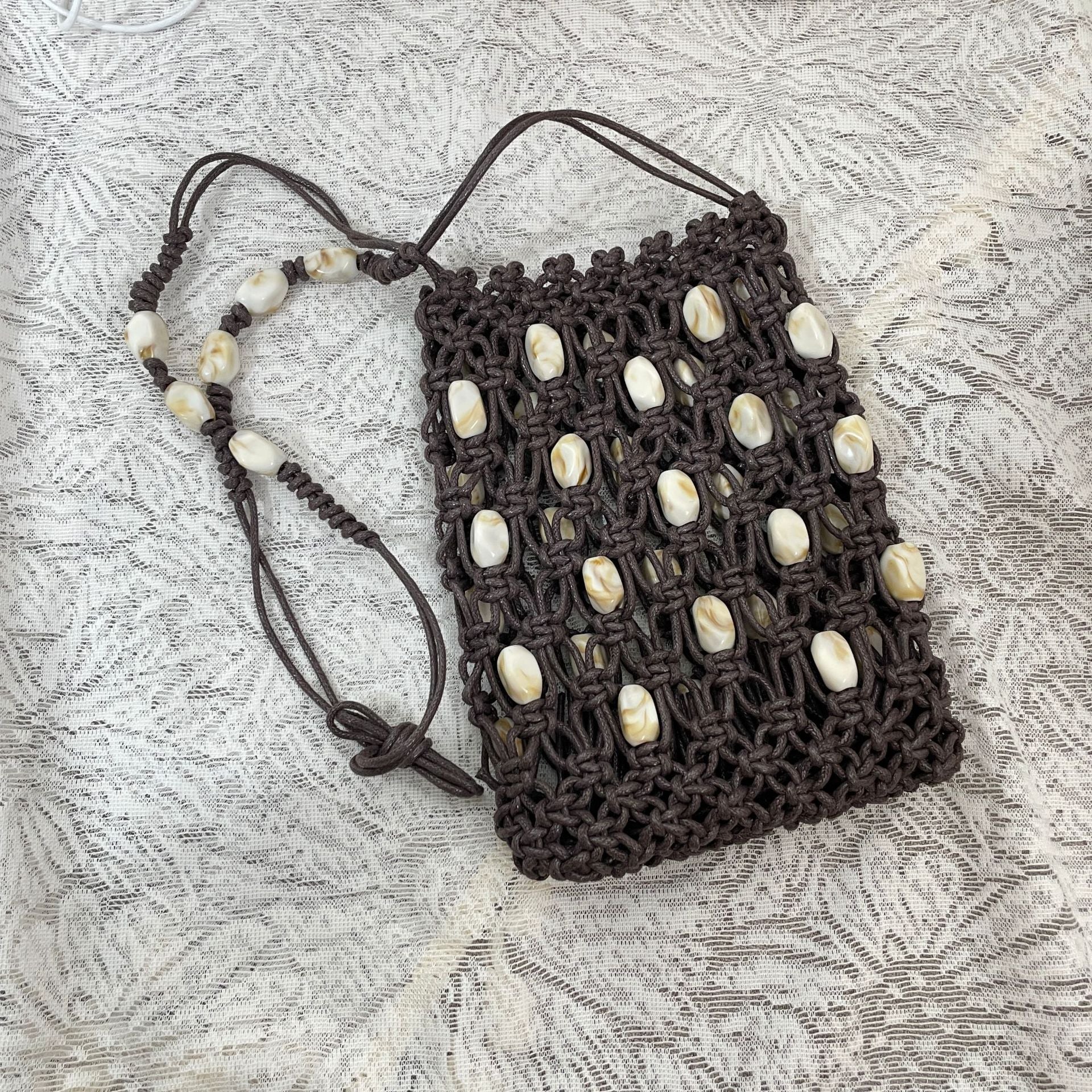 Bohemian Cowrie Shell Macrame Phone Bag - Handmade Wax Cord Woven Mini Crossbody Beach Purse