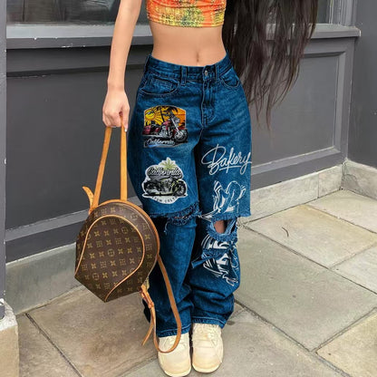 Women's Denim Printed High-Waist Straight-Leg Pocket Streetwear Pants