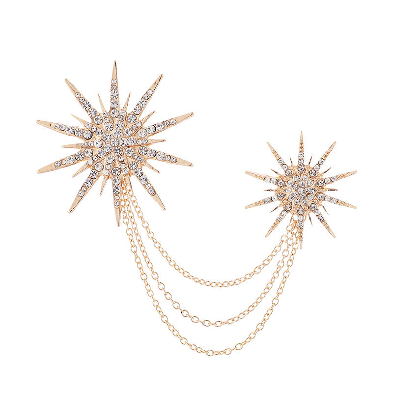 Double sun lapel pins with chains, men's suit brooches