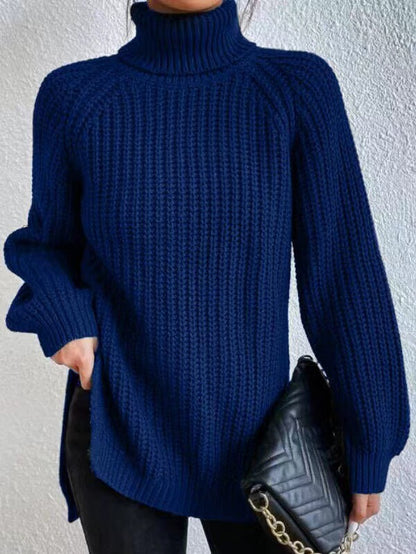 Women's Turtle Neck Ribbed Knit Sweater | Casual Long Sleeve Side Split Tunic Gown